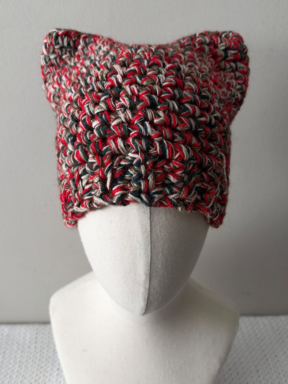 Handmade Crochet Thick Red Green White Festive Cat Ear Beanie Hat